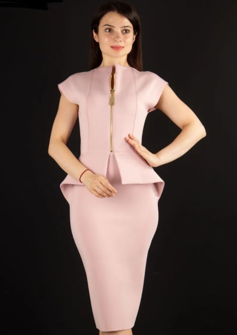 Amanda Front Zipper Peplum Dress in Blush