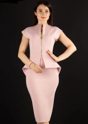 Amanda Front Zipper Peplum Dress in Blush
