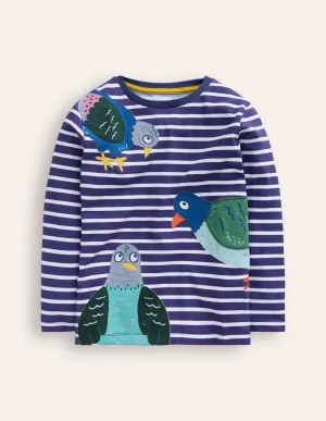 Appliqué T-shirt-Denim Blue and Ivory Pigeons