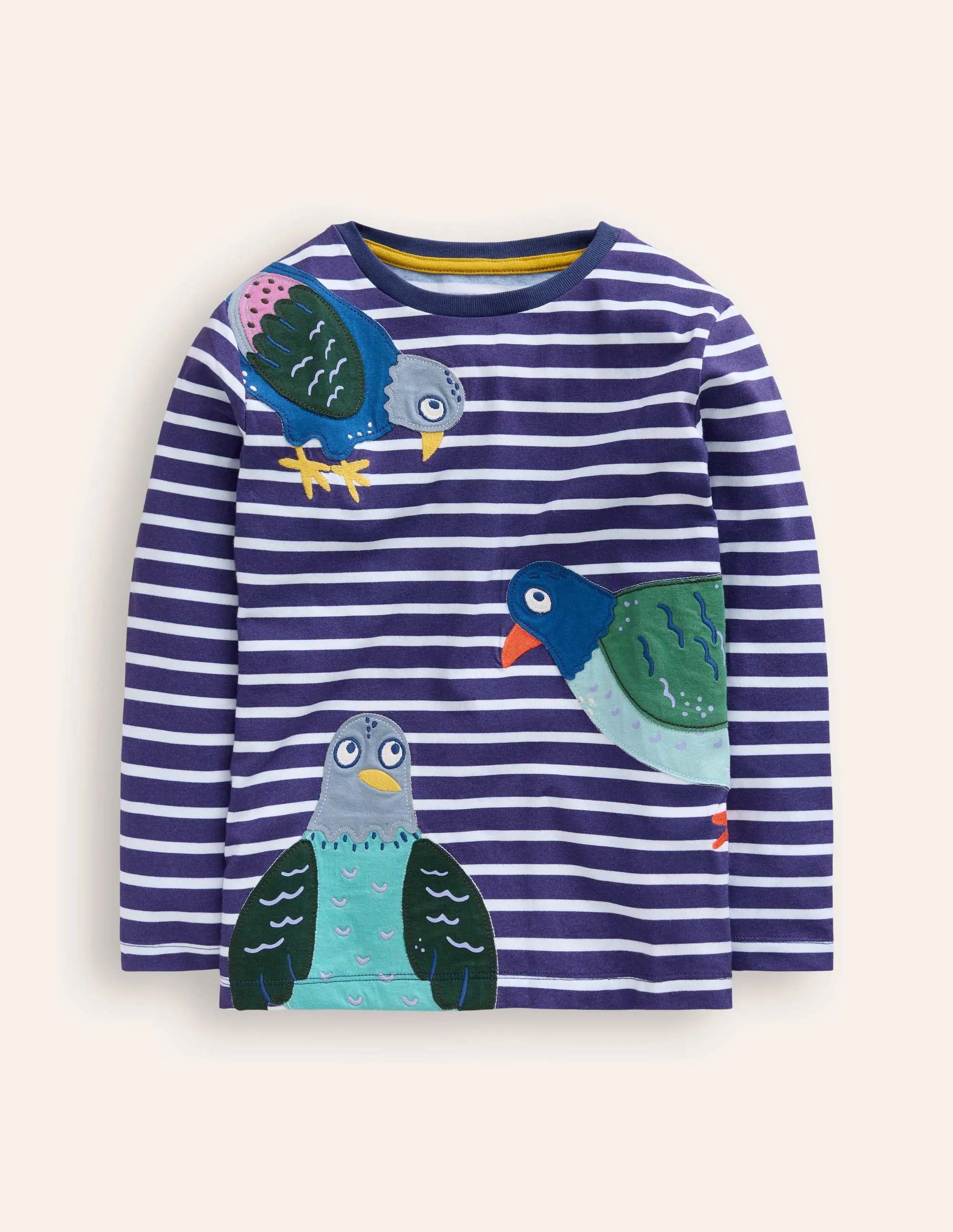 Appliqué T-shirt-Denim Blue and Ivory Pigeons