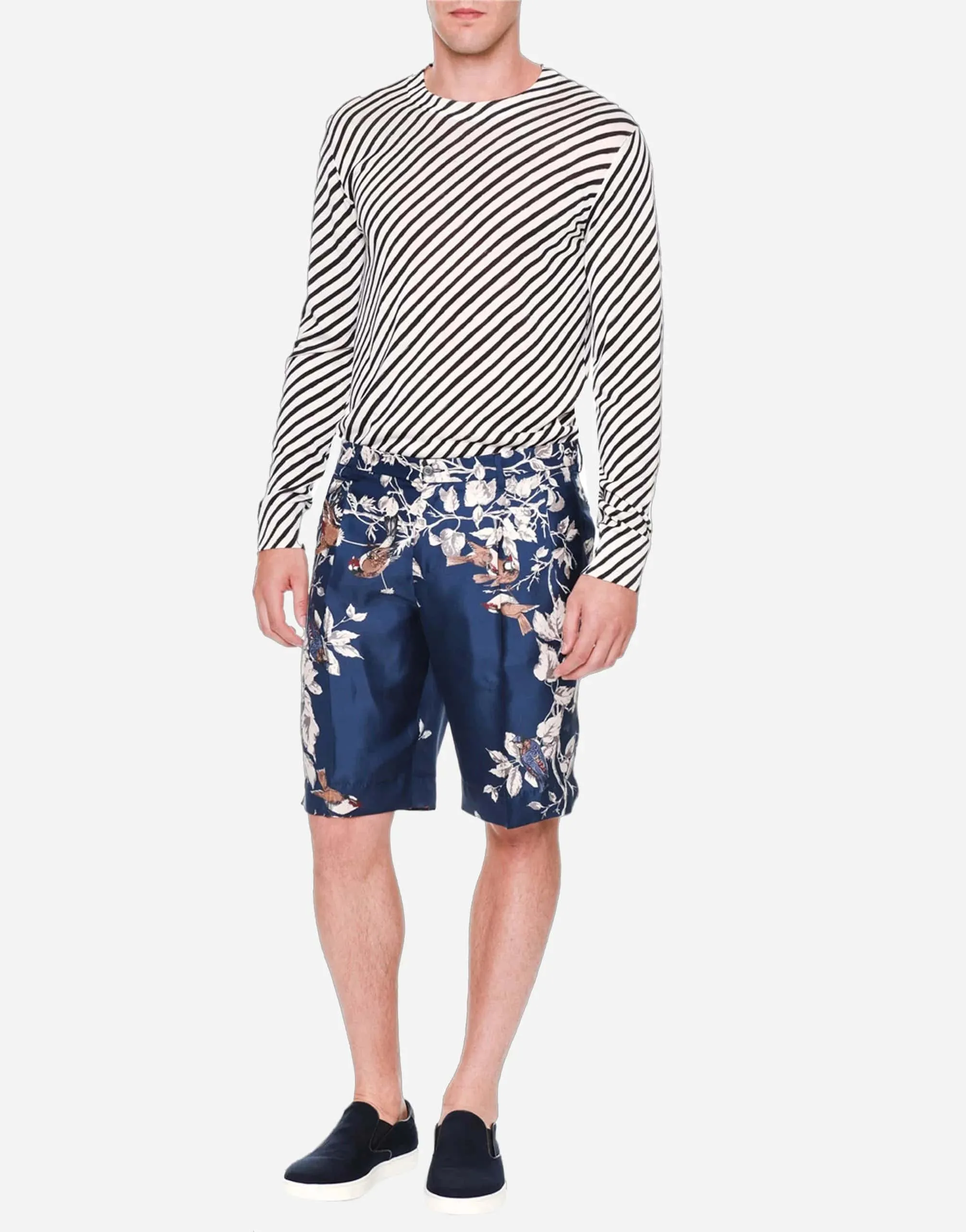 Bird-Print Silk Bermuda Shorts