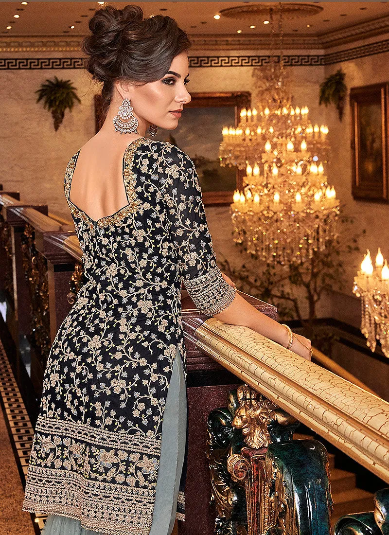 Black And Grey Embroidered Gharara Palazzo Suit