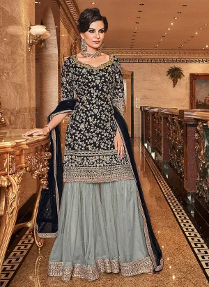 Black And Grey Embroidered Gharara Palazzo Suit