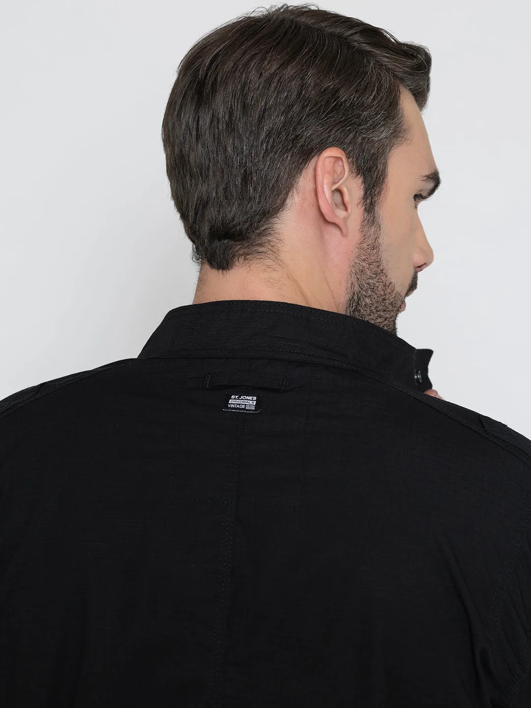 BLACK BIKER RIBSTOP FLEECE JACKET.