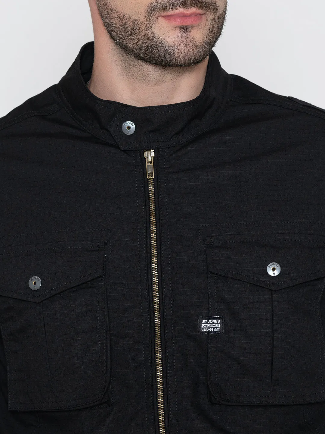 BLACK BIKER RIBSTOP FLEECE JACKET.