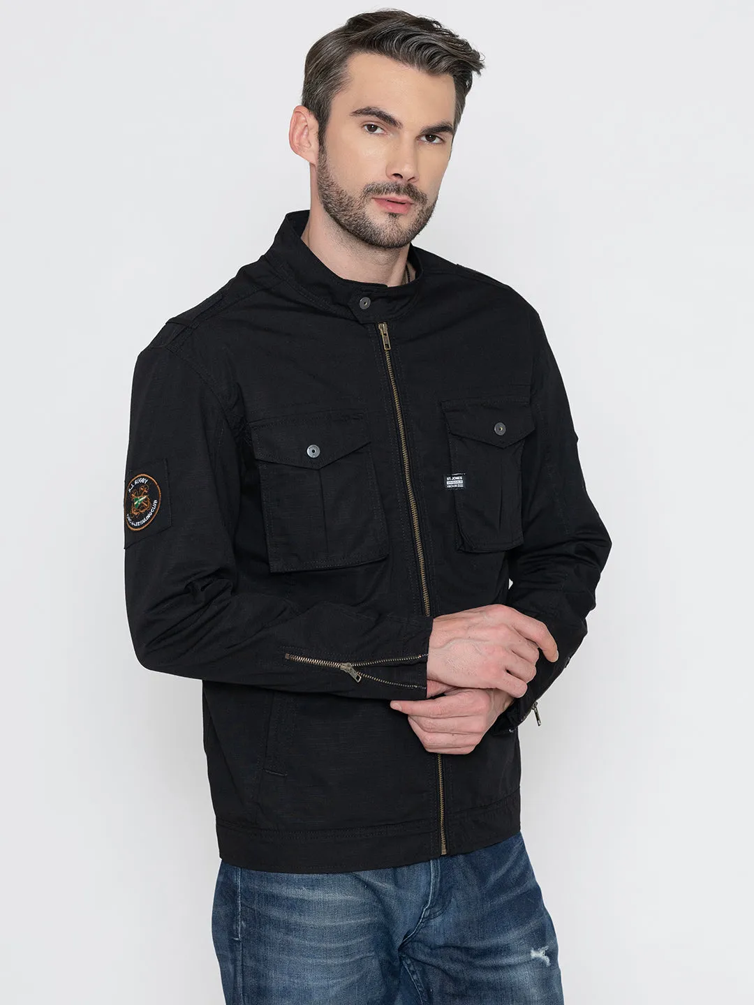BLACK BIKER RIBSTOP FLEECE JACKET.