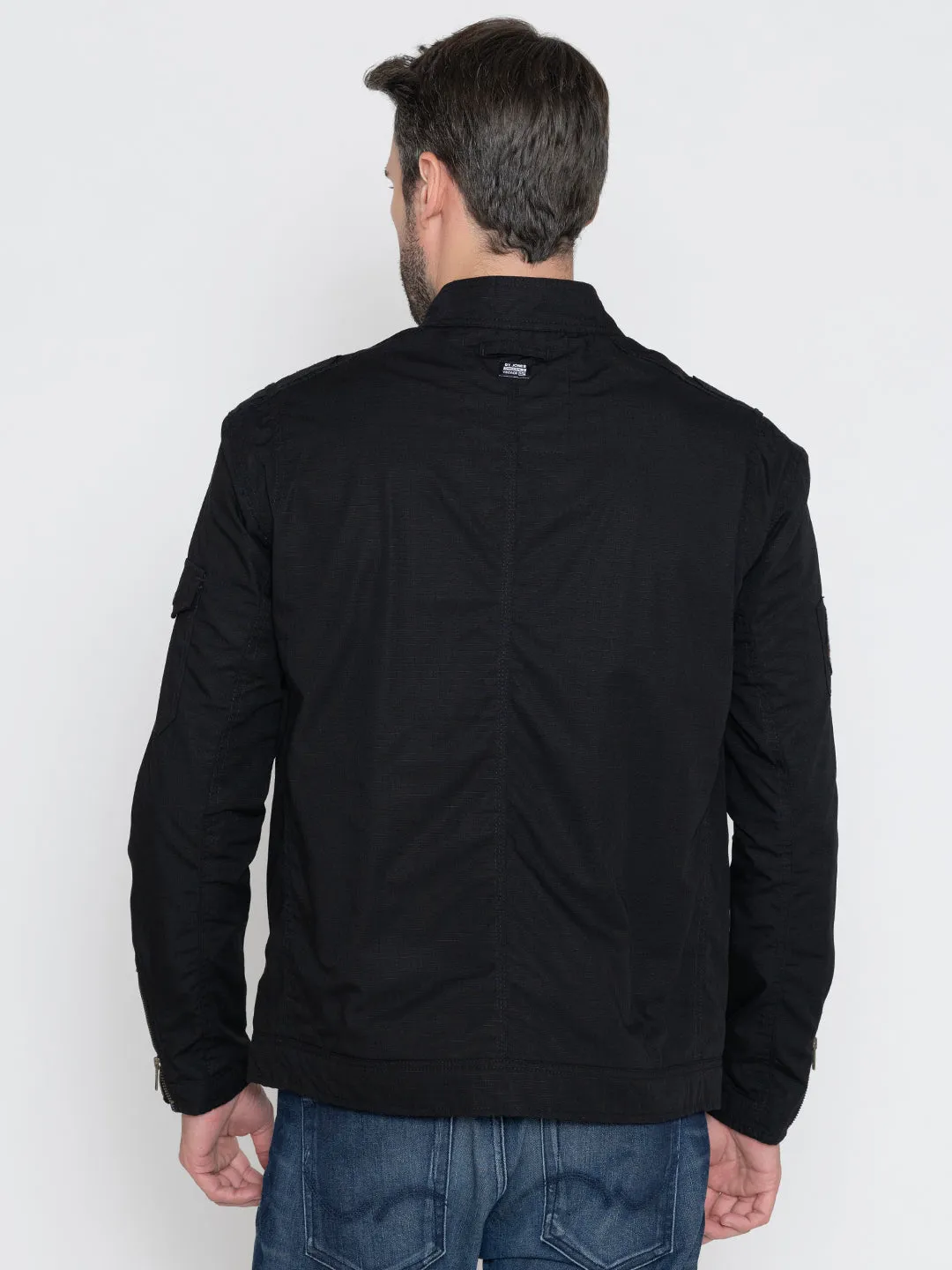 BLACK BIKER RIBSTOP FLEECE JACKET.
