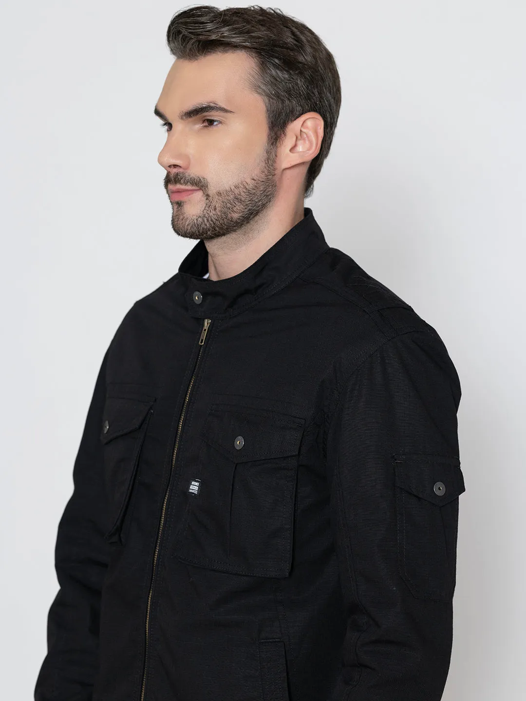 BLACK BIKER RIBSTOP FLEECE JACKET.