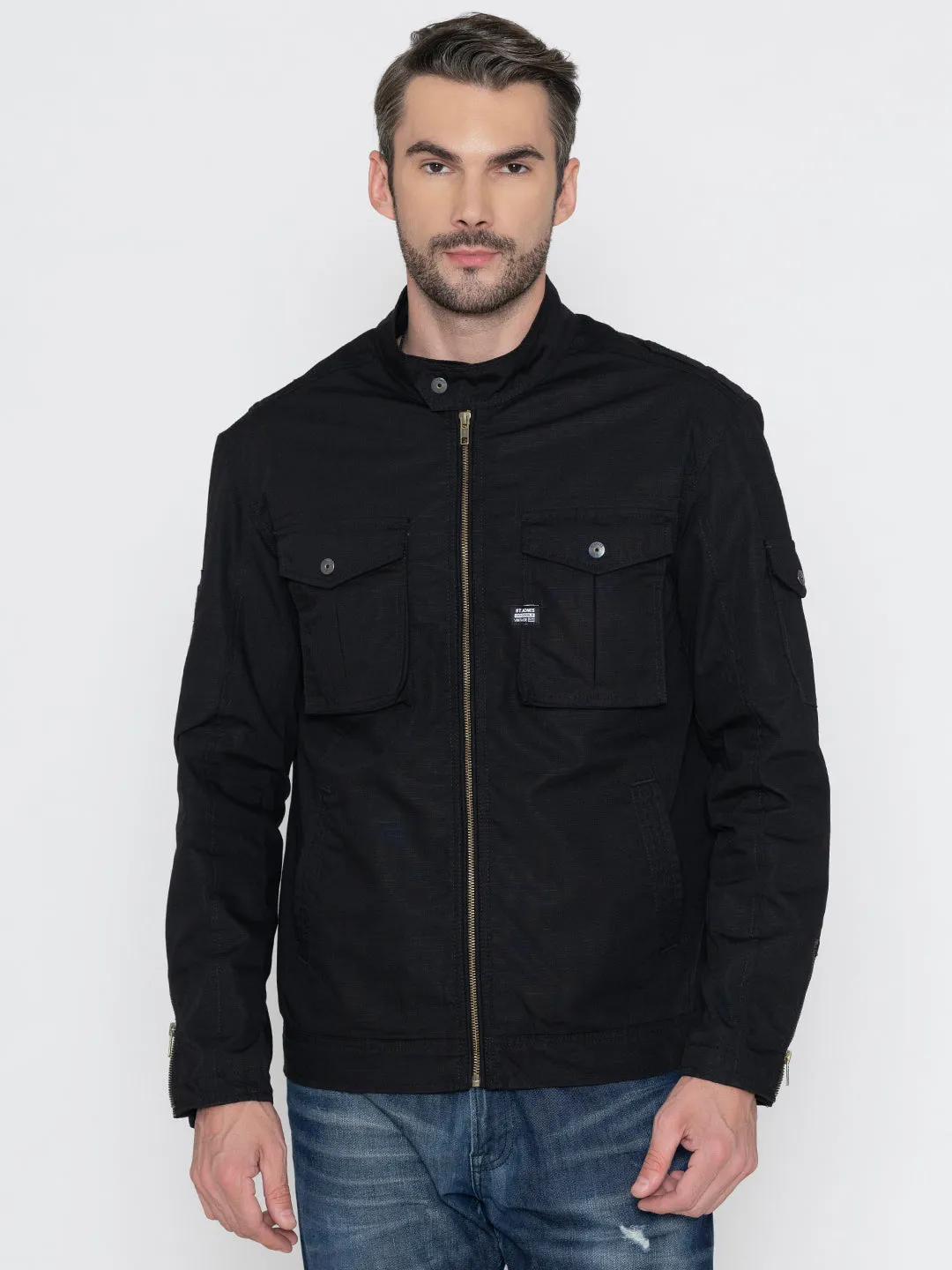 BLACK BIKER RIBSTOP FLEECE JACKET.
