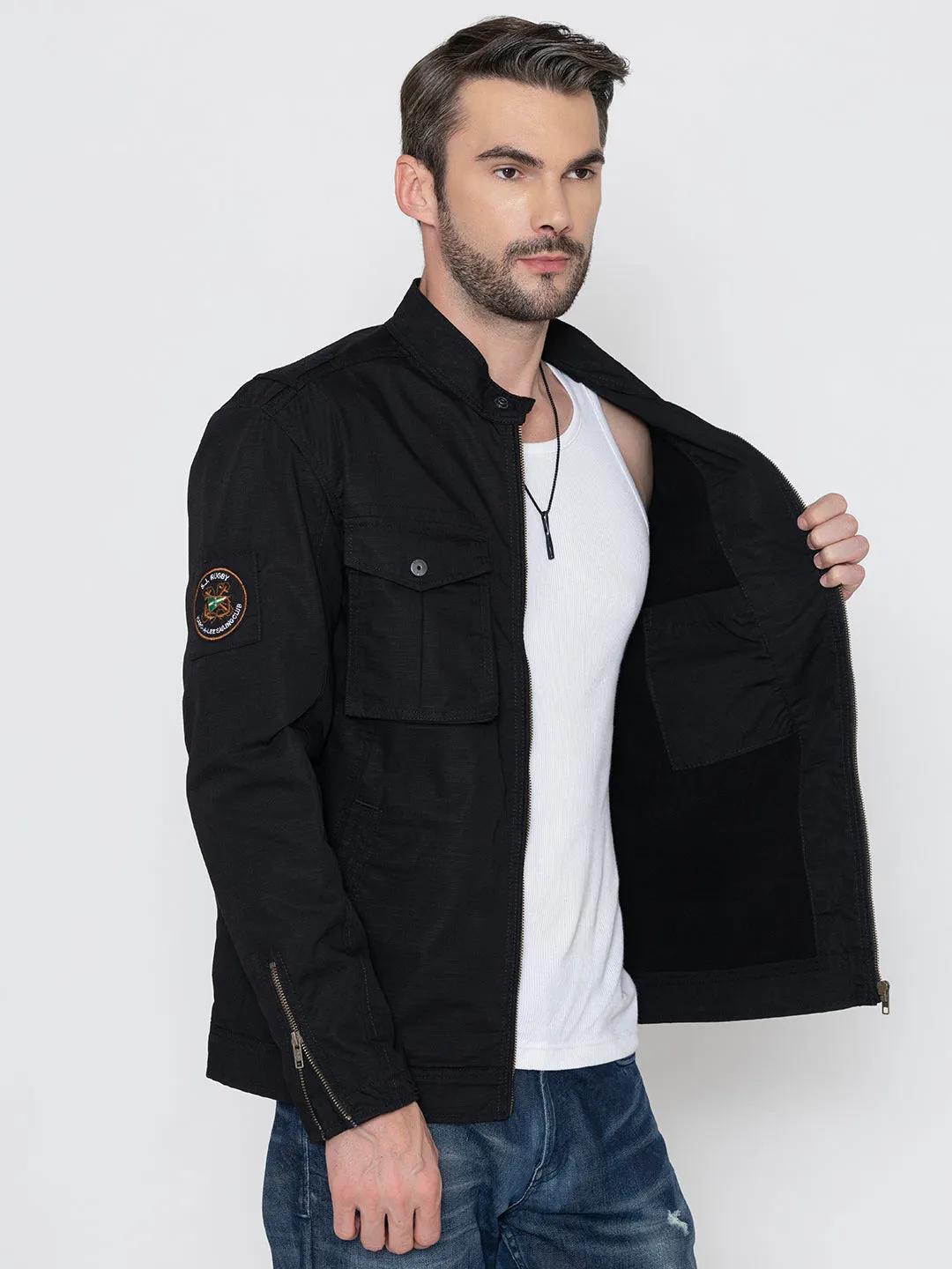 BLACK BIKER RIBSTOP FLEECE JACKET.