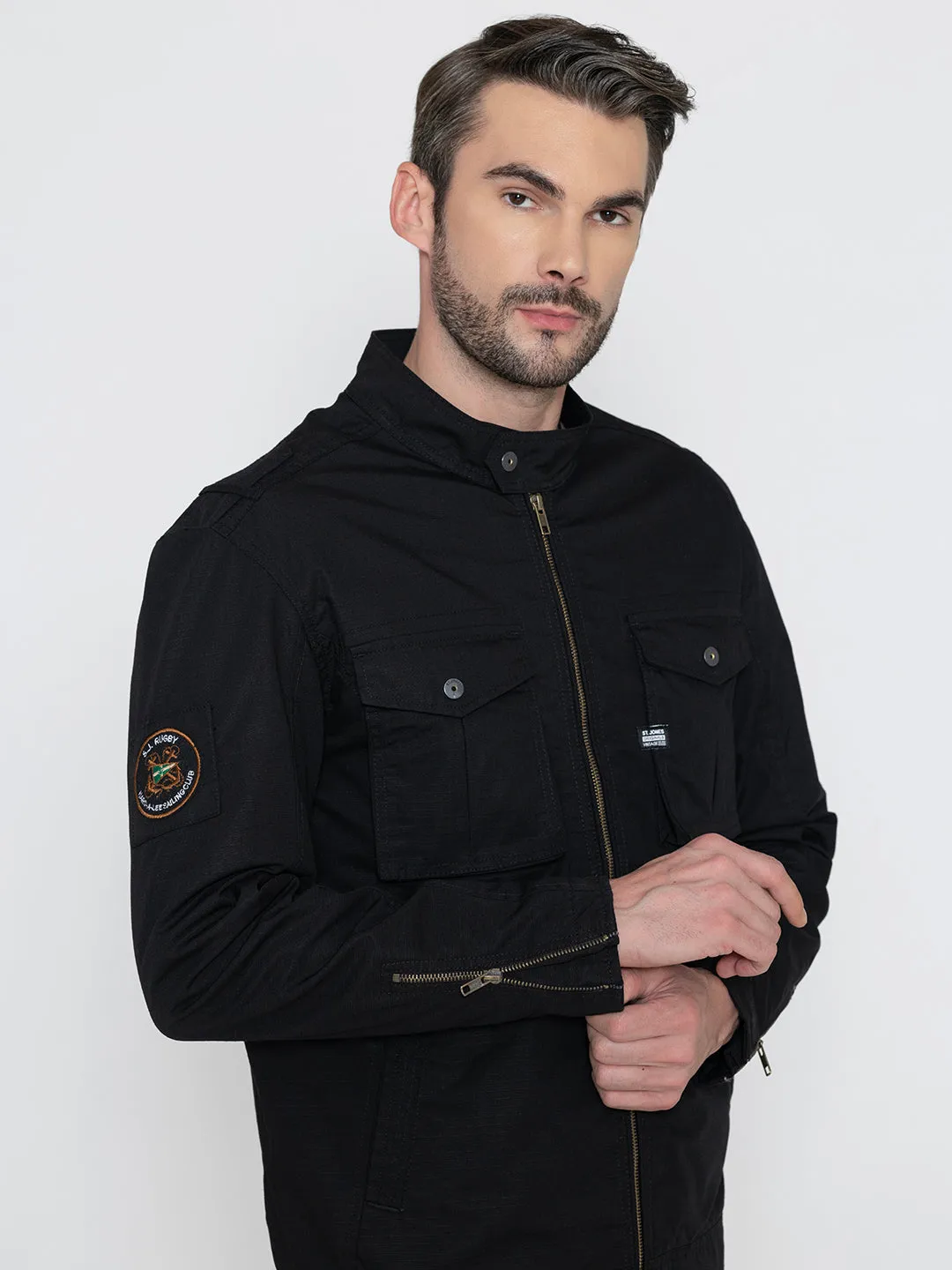BLACK BIKER RIBSTOP FLEECE JACKET.