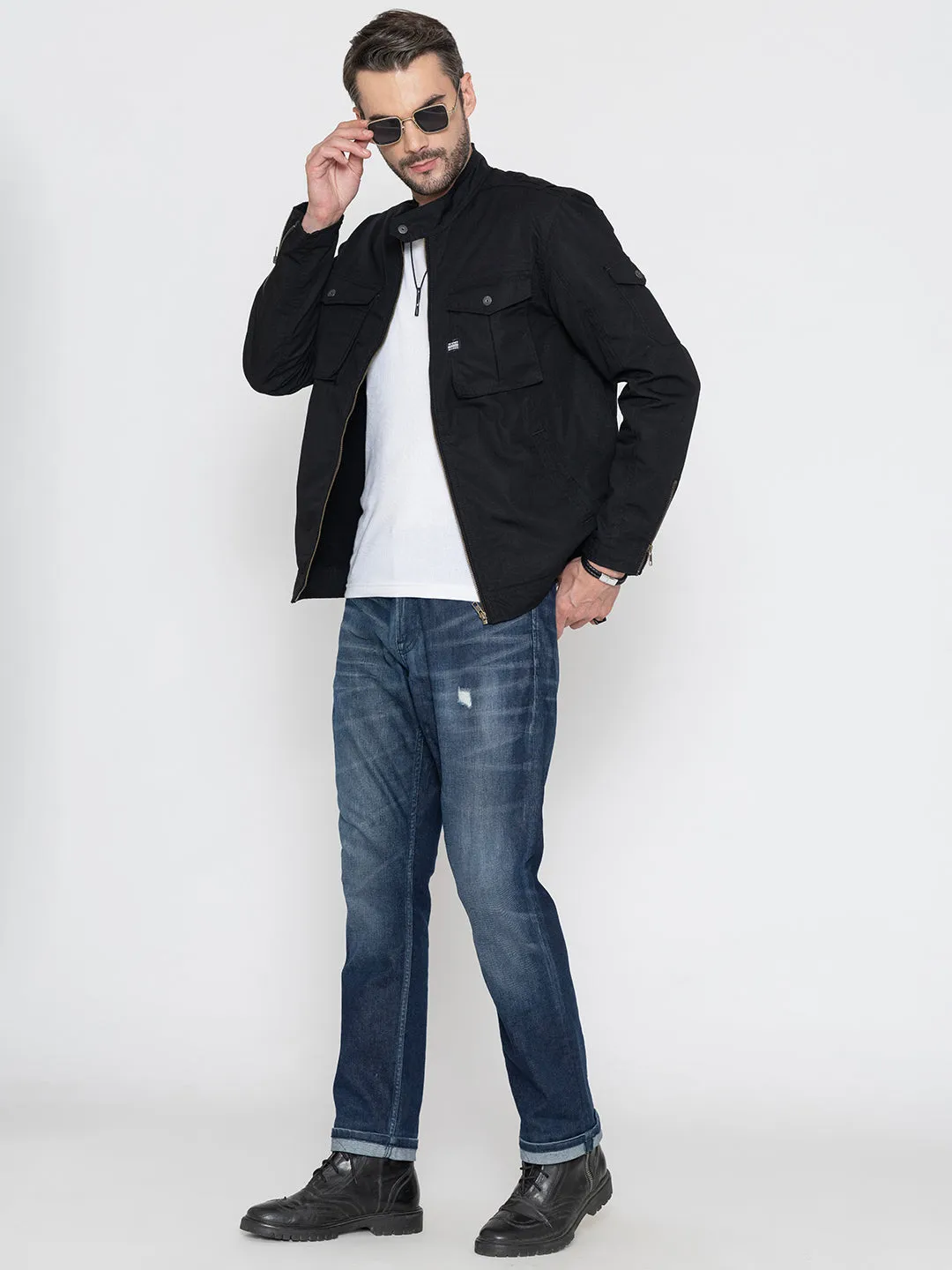 BLACK BIKER RIBSTOP FLEECE JACKET.