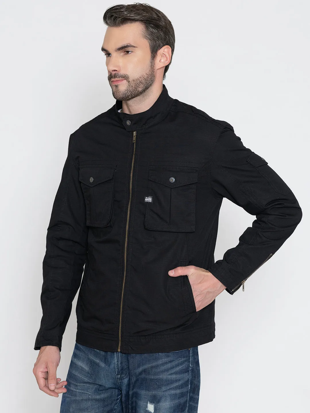 BLACK BIKER RIBSTOP FLEECE JACKET.