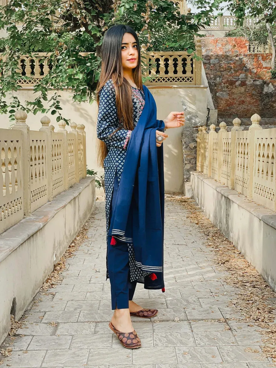 Blue Embroidered Cotton Suit Set