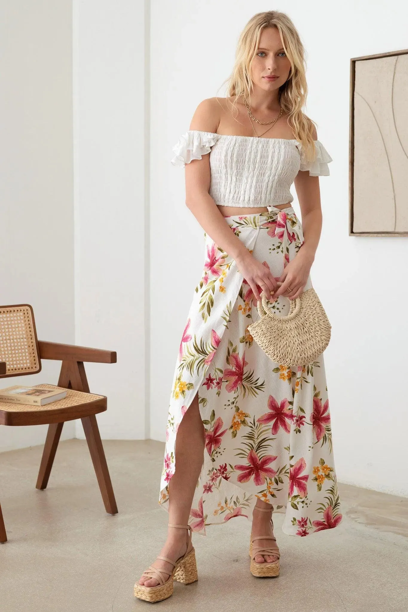 Boho Floral Side Tie Warp Maxi Skirt