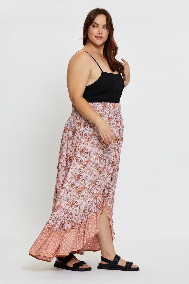 Boho Print Maxi Skirt High-low
