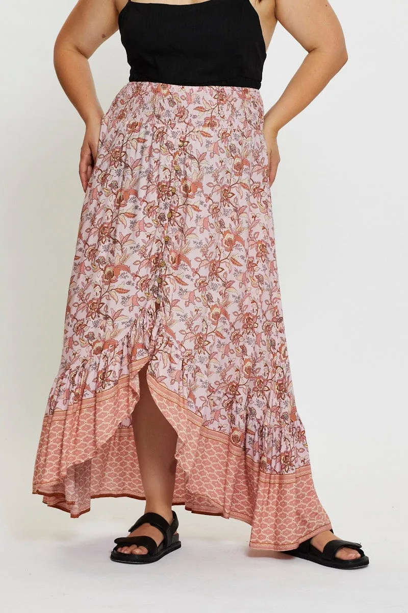 Boho Print Maxi Skirt High-low