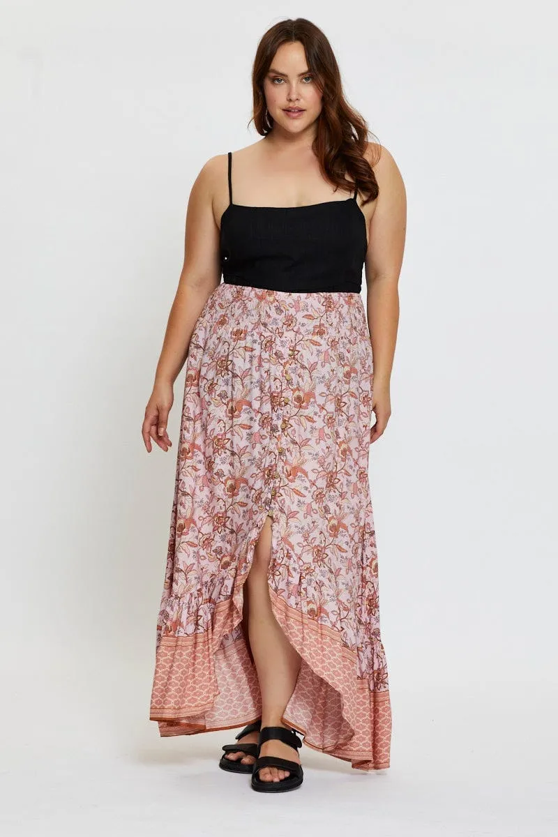 Boho Print Maxi Skirt High-low