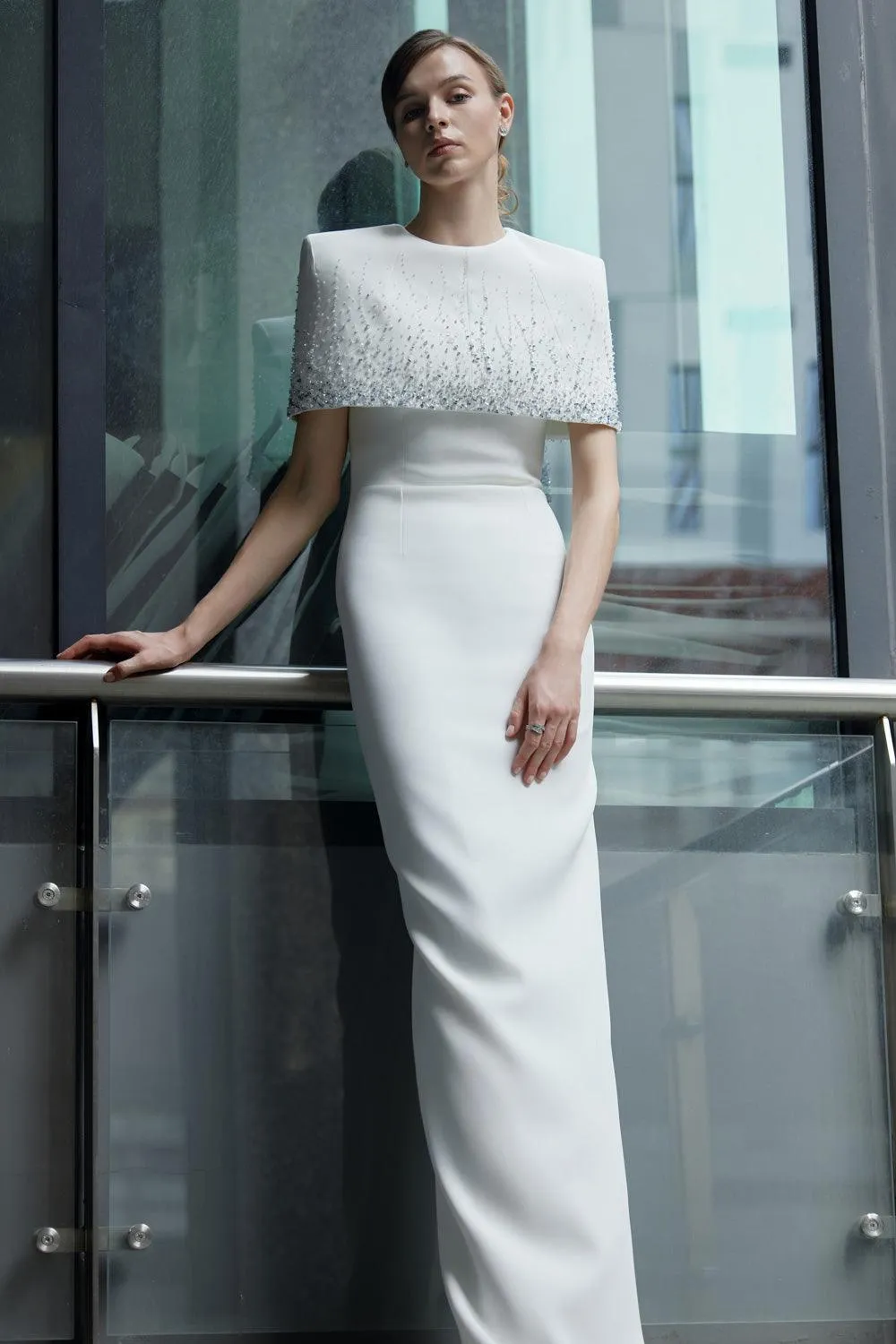 Bradford Sheath Back Slit Crepe Floor Length Dress