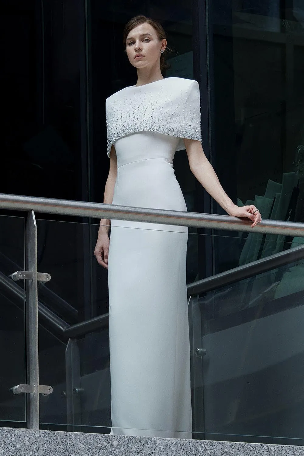 Bradford Sheath Back Slit Crepe Floor Length Dress