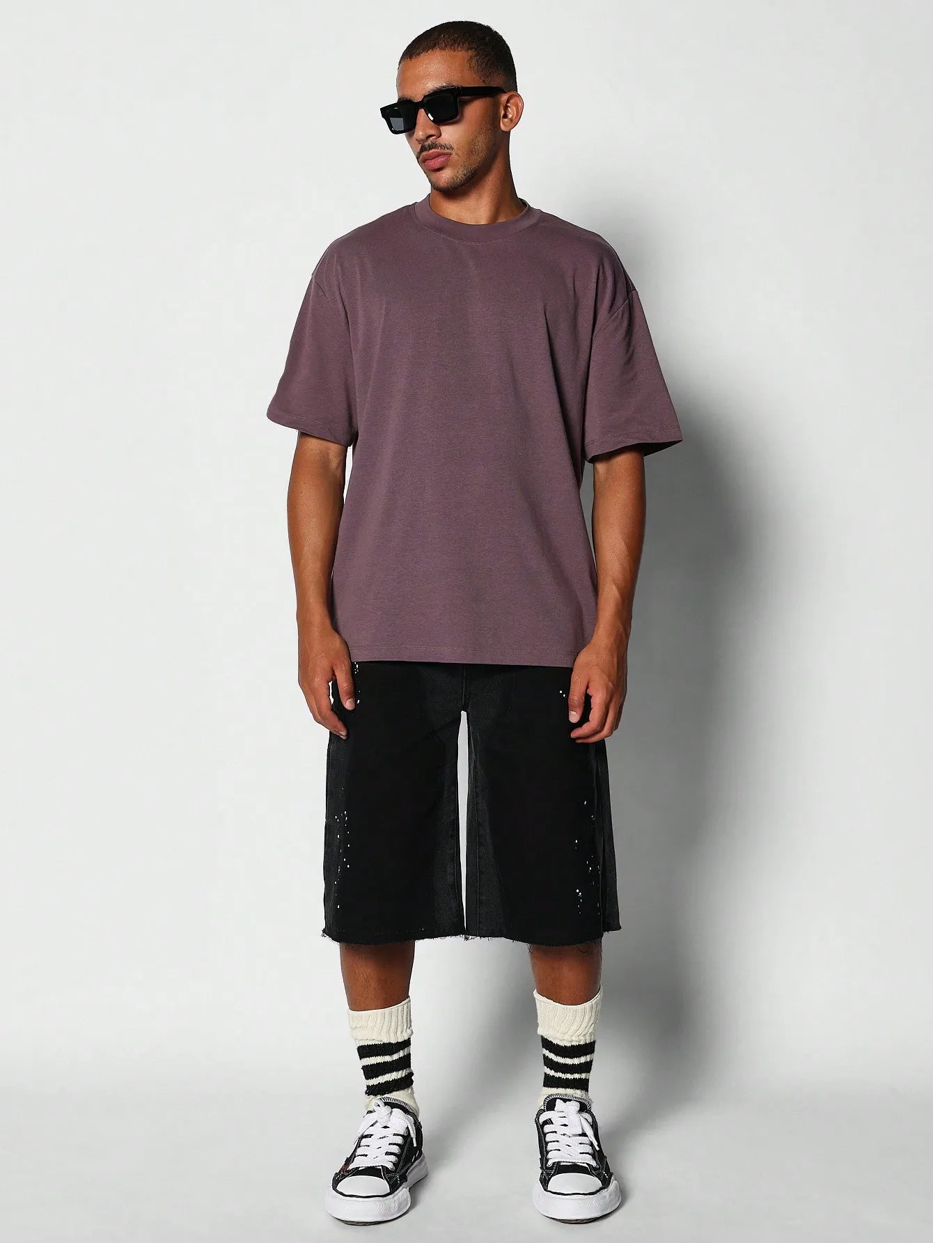 Color Block Raw Hem Denim Short With Paint Print