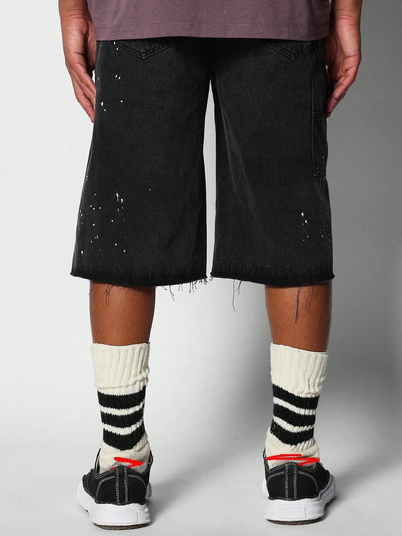Color Block Raw Hem Denim Short With Paint Print