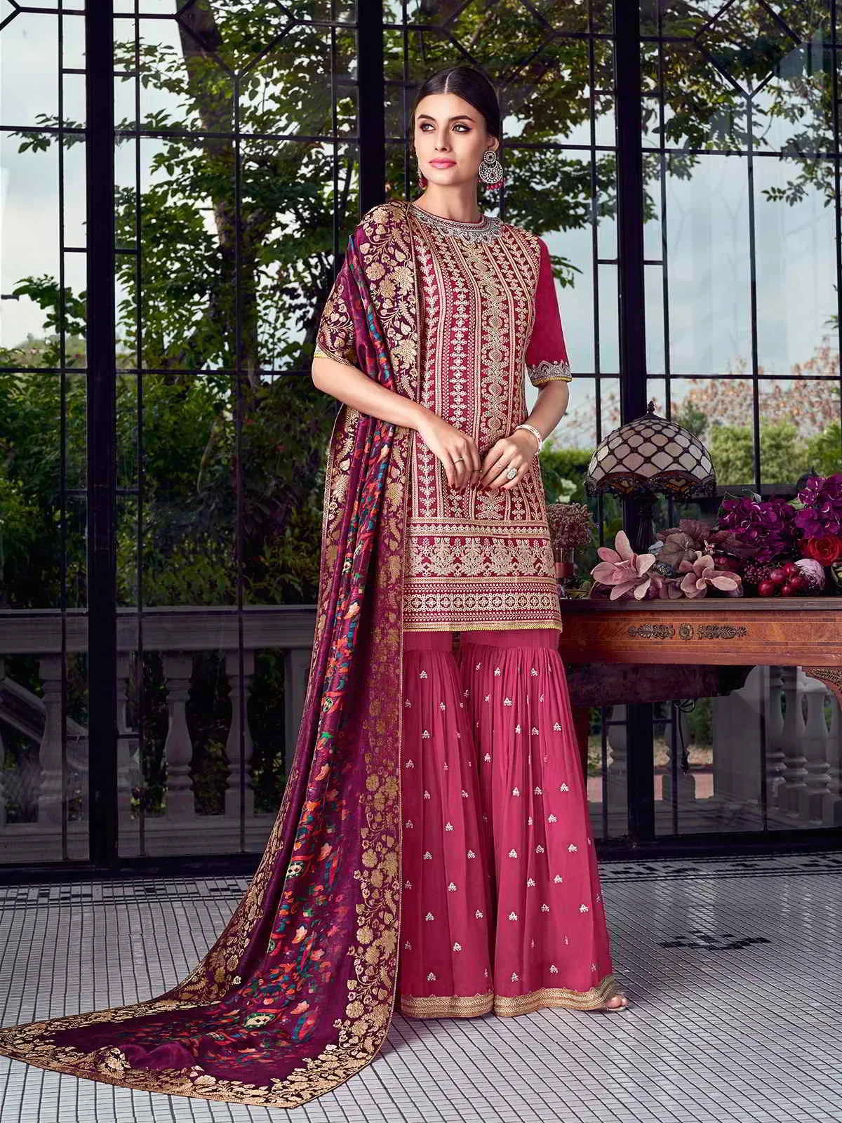 Deep Pink Multi Embroidered Lucknowi Sharara Palazzo Suit