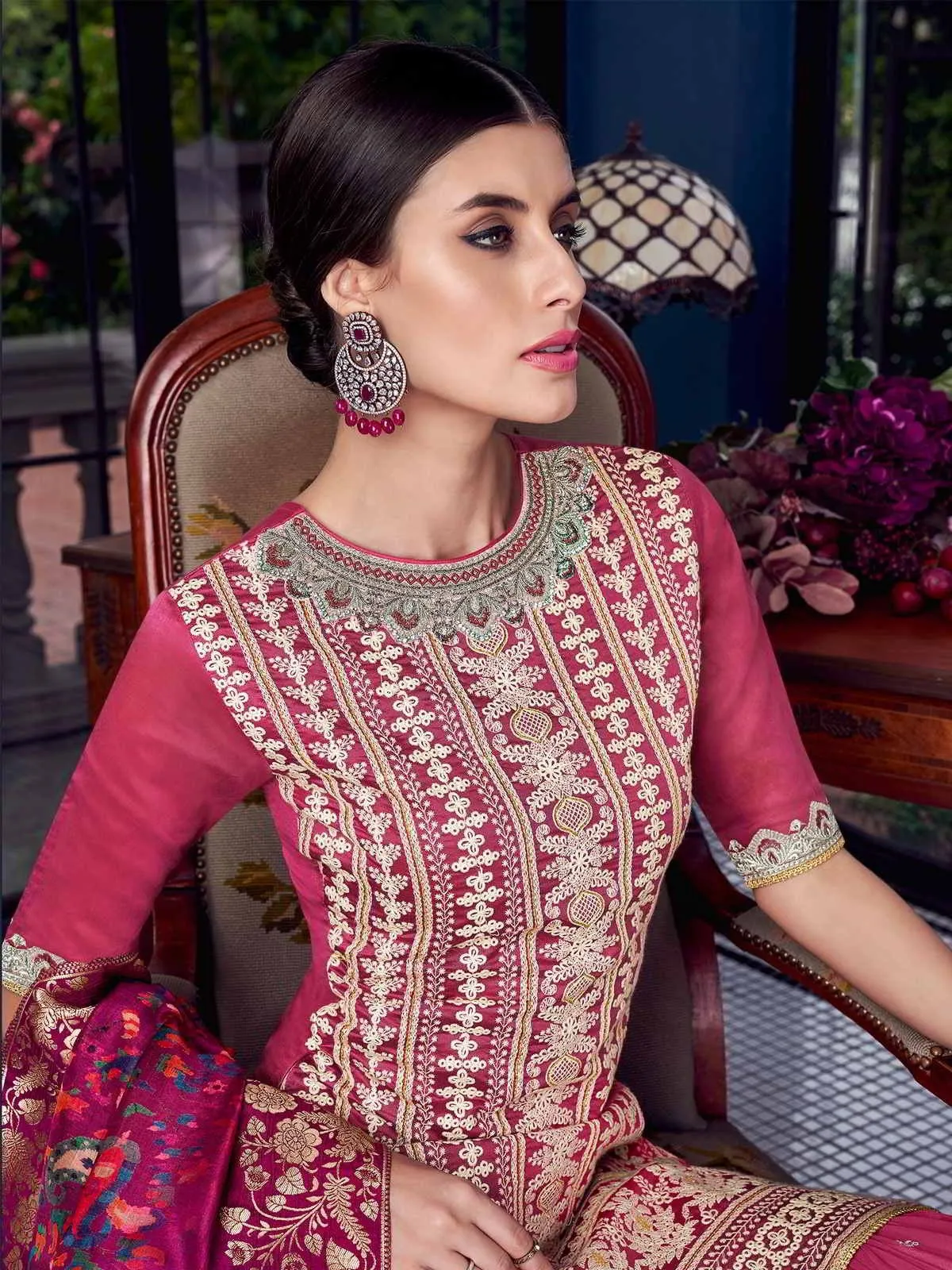 Deep Pink Multi Embroidered Lucknowi Sharara Palazzo Suit