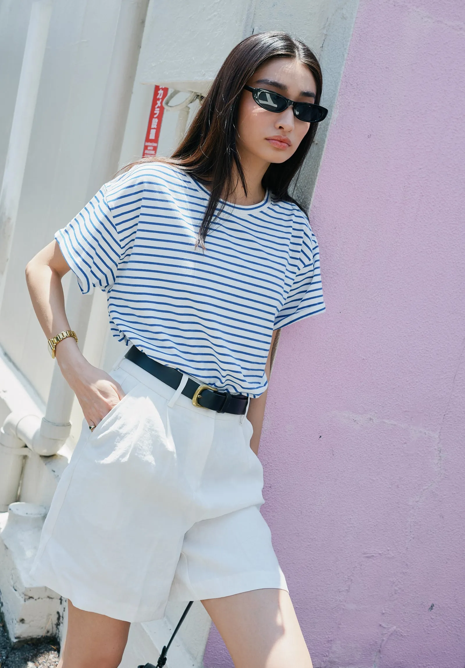 Francy-Cotton Royal Blue Stripes Rolled Sleeve T-Shirt