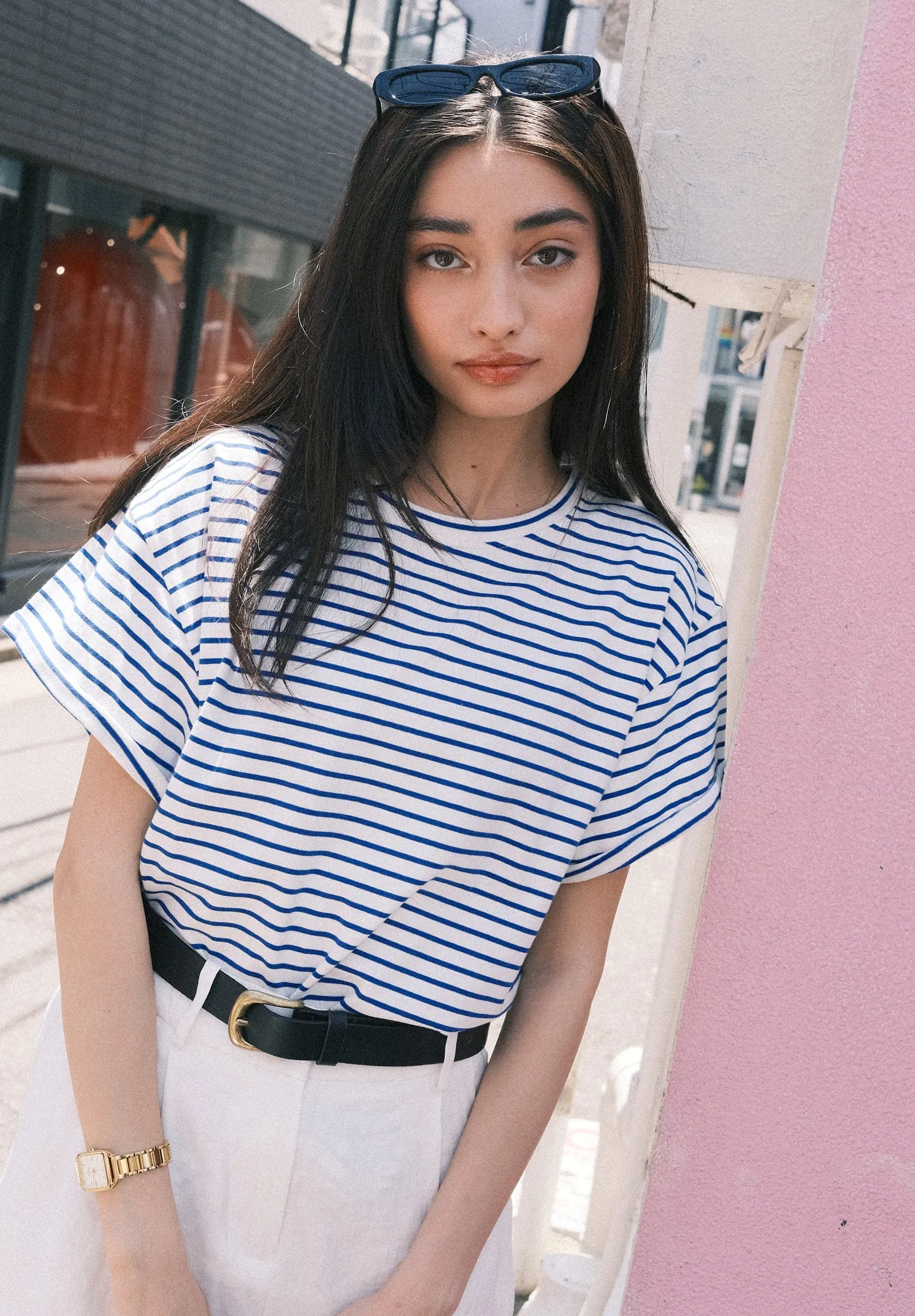 Francy-Cotton Royal Blue Stripes Rolled Sleeve T-Shirt