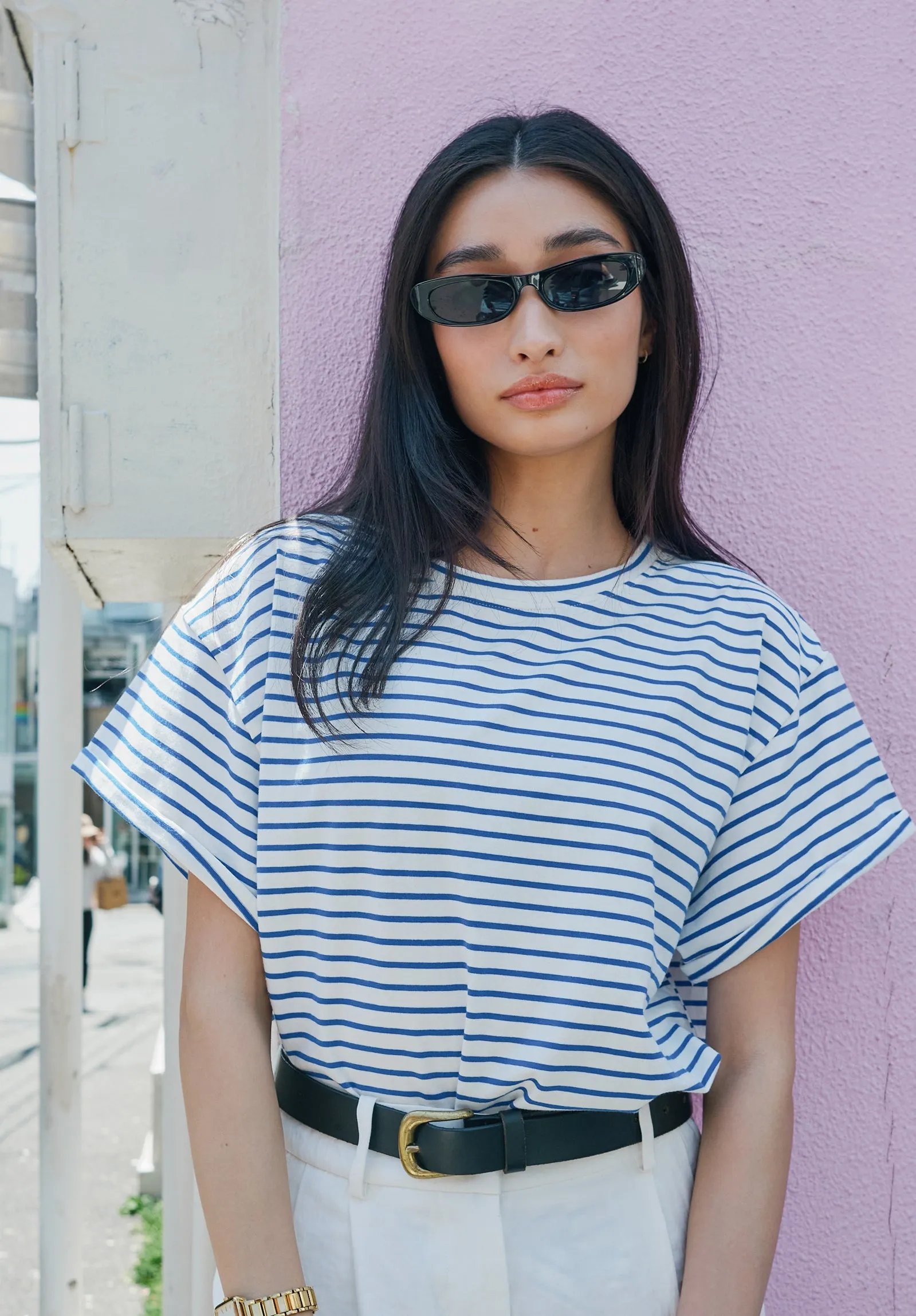 Francy-Cotton Royal Blue Stripes Rolled Sleeve T-Shirt