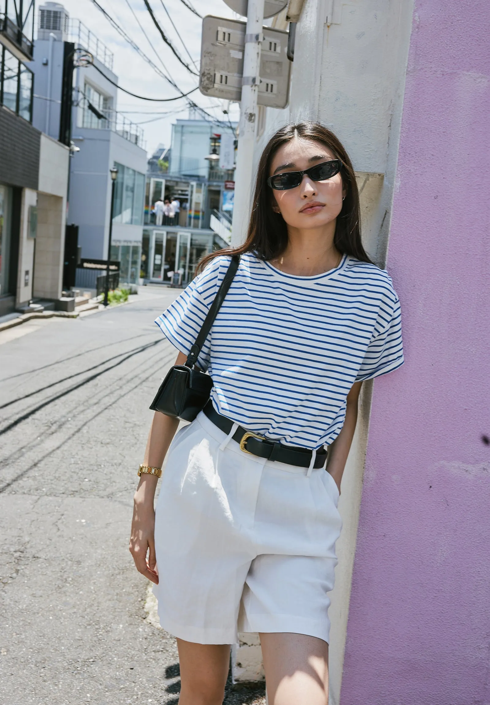 Francy-Cotton Royal Blue Stripes Rolled Sleeve T-Shirt