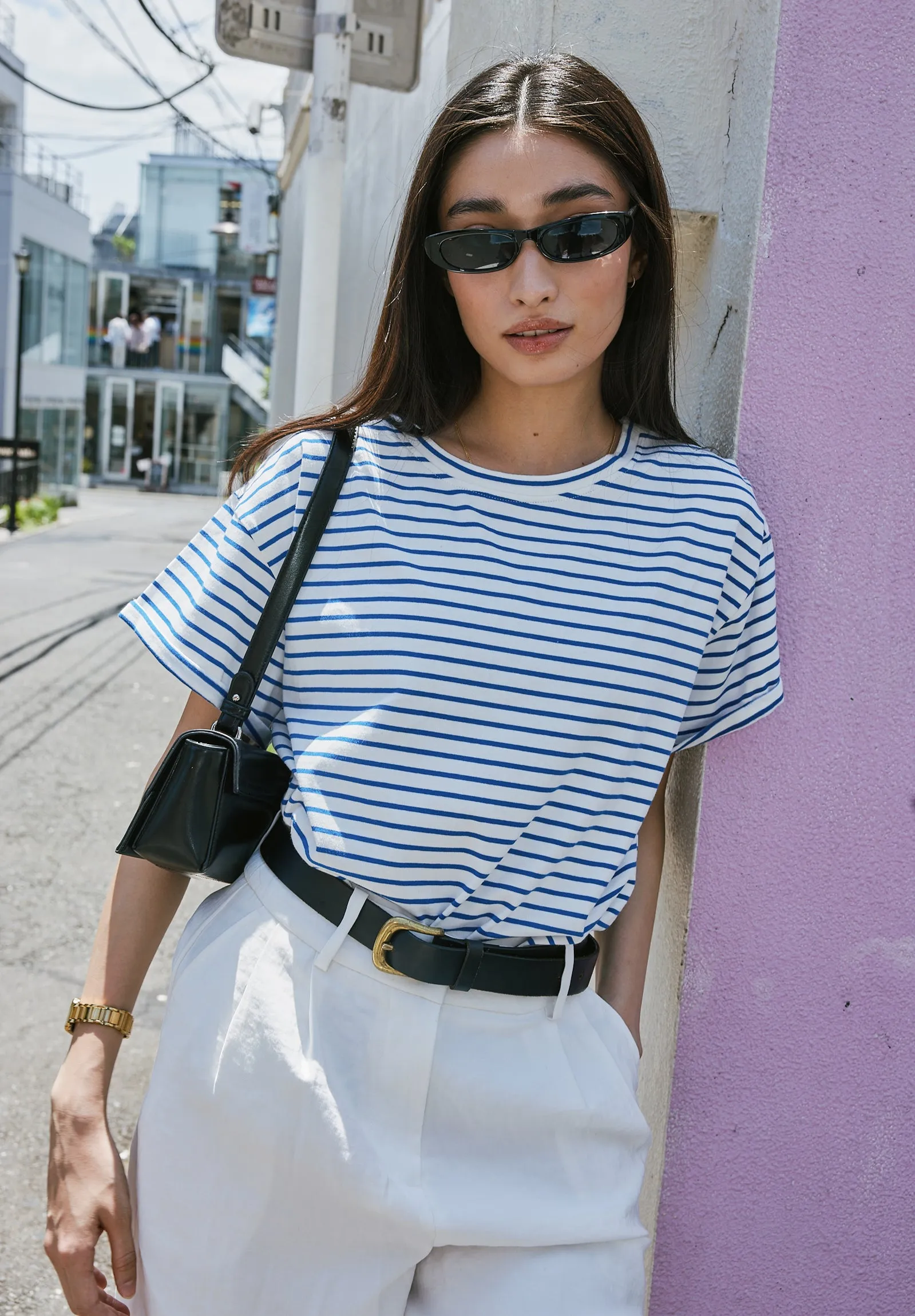 Francy-Cotton Royal Blue Stripes Rolled Sleeve T-Shirt