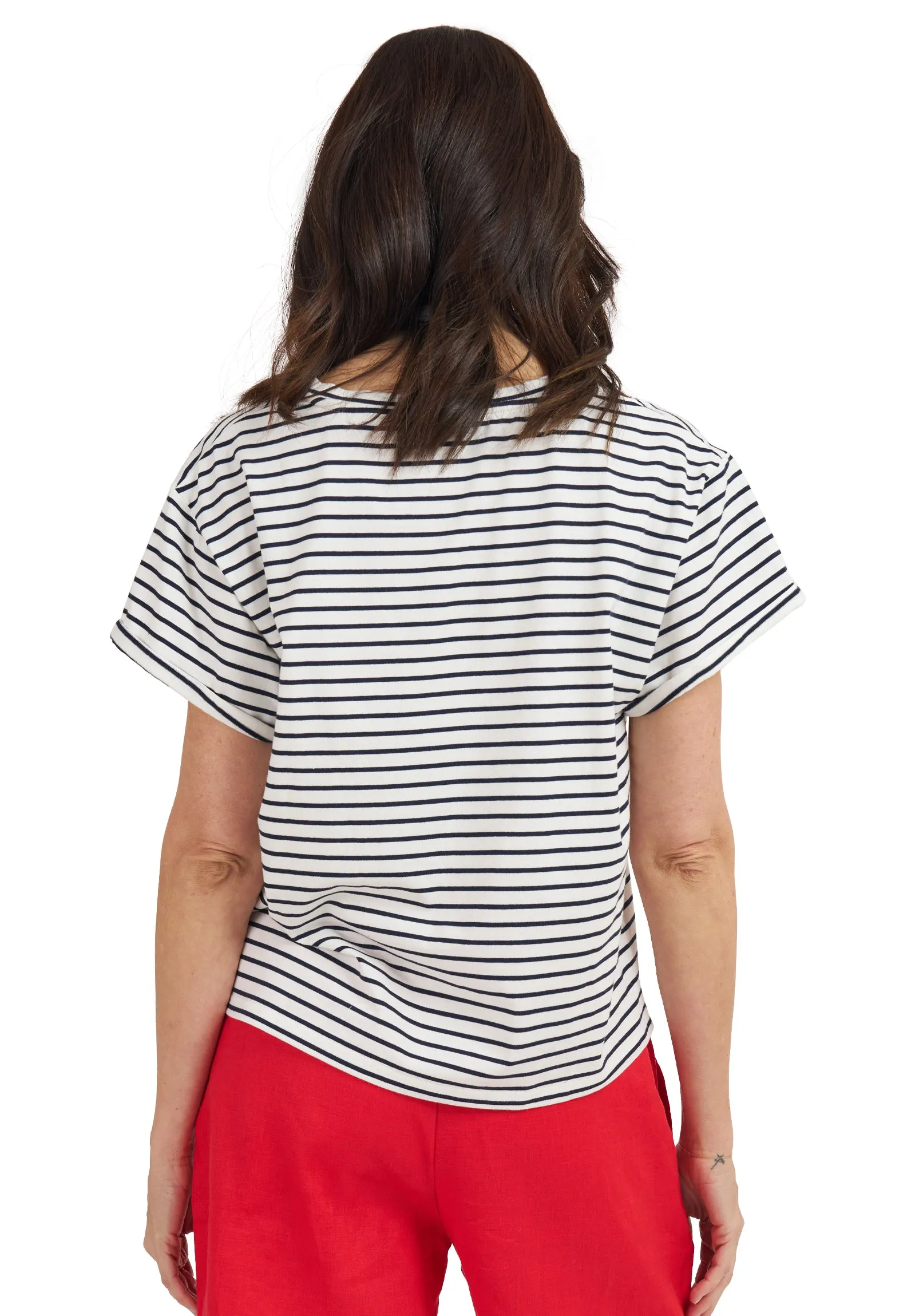 Francy White Navy Stripes Rolled Sleeve T-Shirt