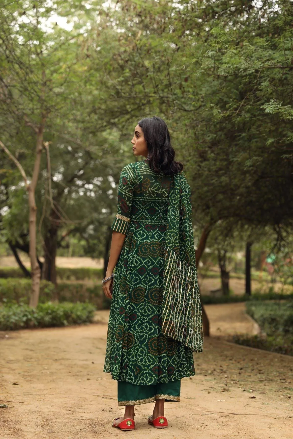 Green Bandhani Print Anarkali Suit Set