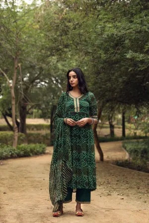 Green Bandhani Print Anarkali Suit Set