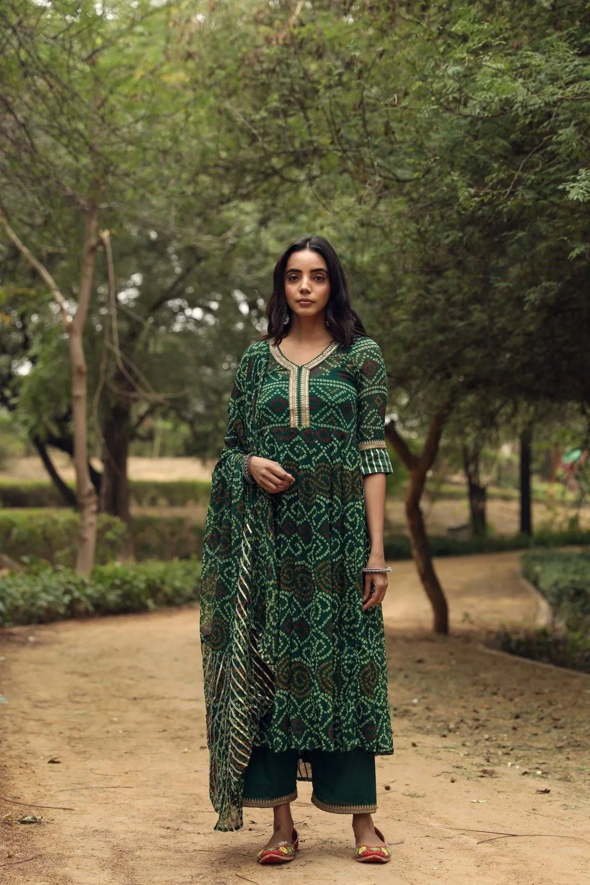 Green Bandhani Print Anarkali Suit Set