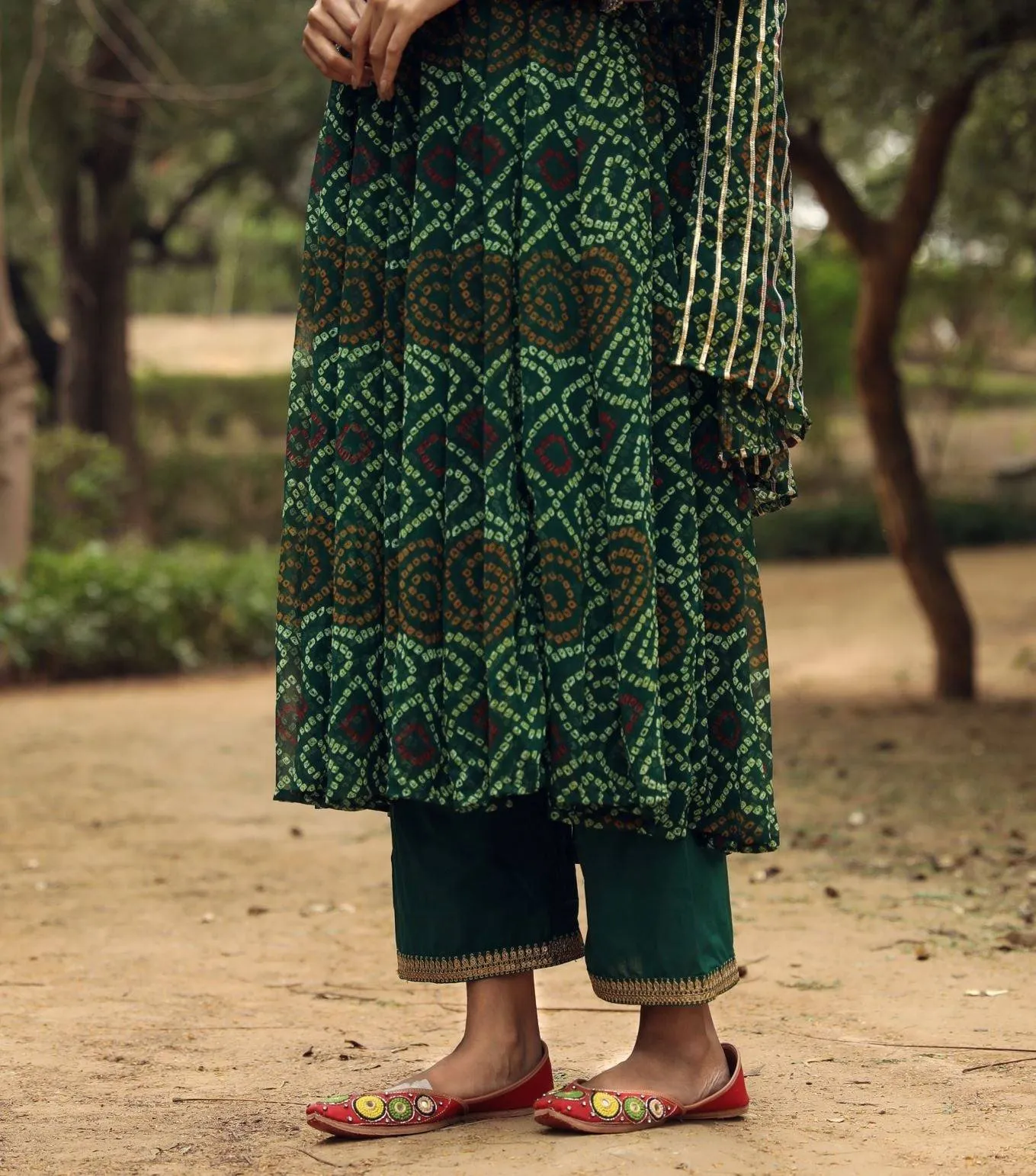 Green Bandhani Print Anarkali Suit Set