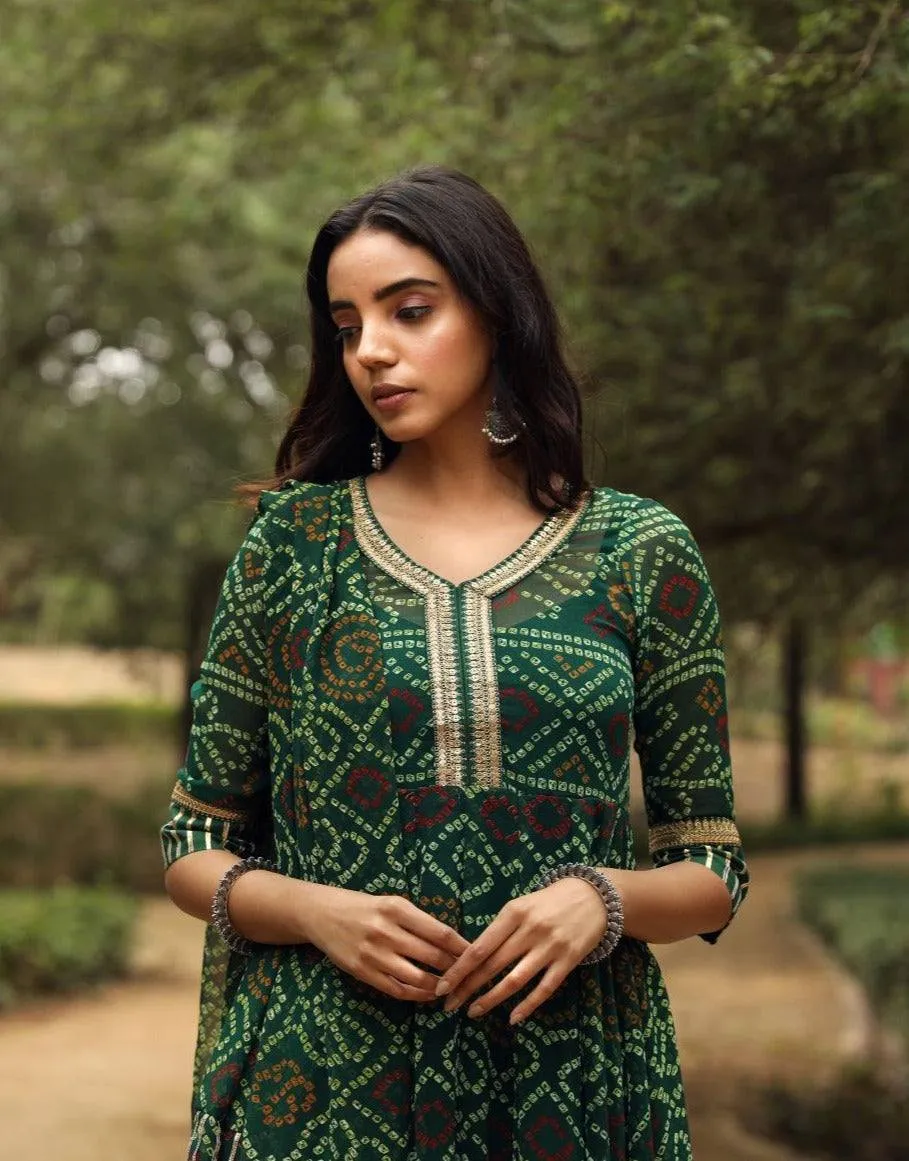 Green Bandhani Print Anarkali Suit Set