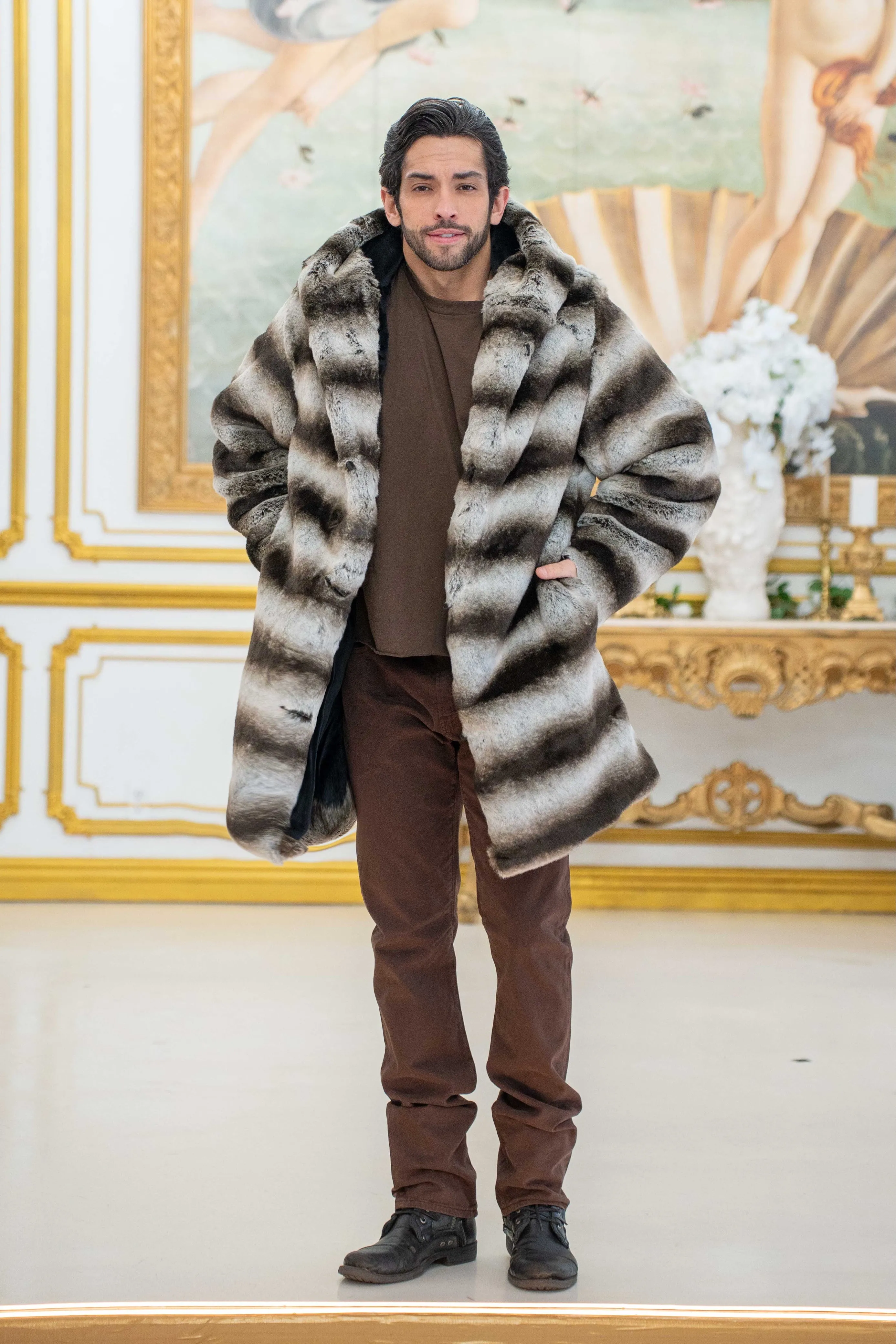 Men's Short Playa Coat in "Silver Brown Stripe Chinchilla" STOCK