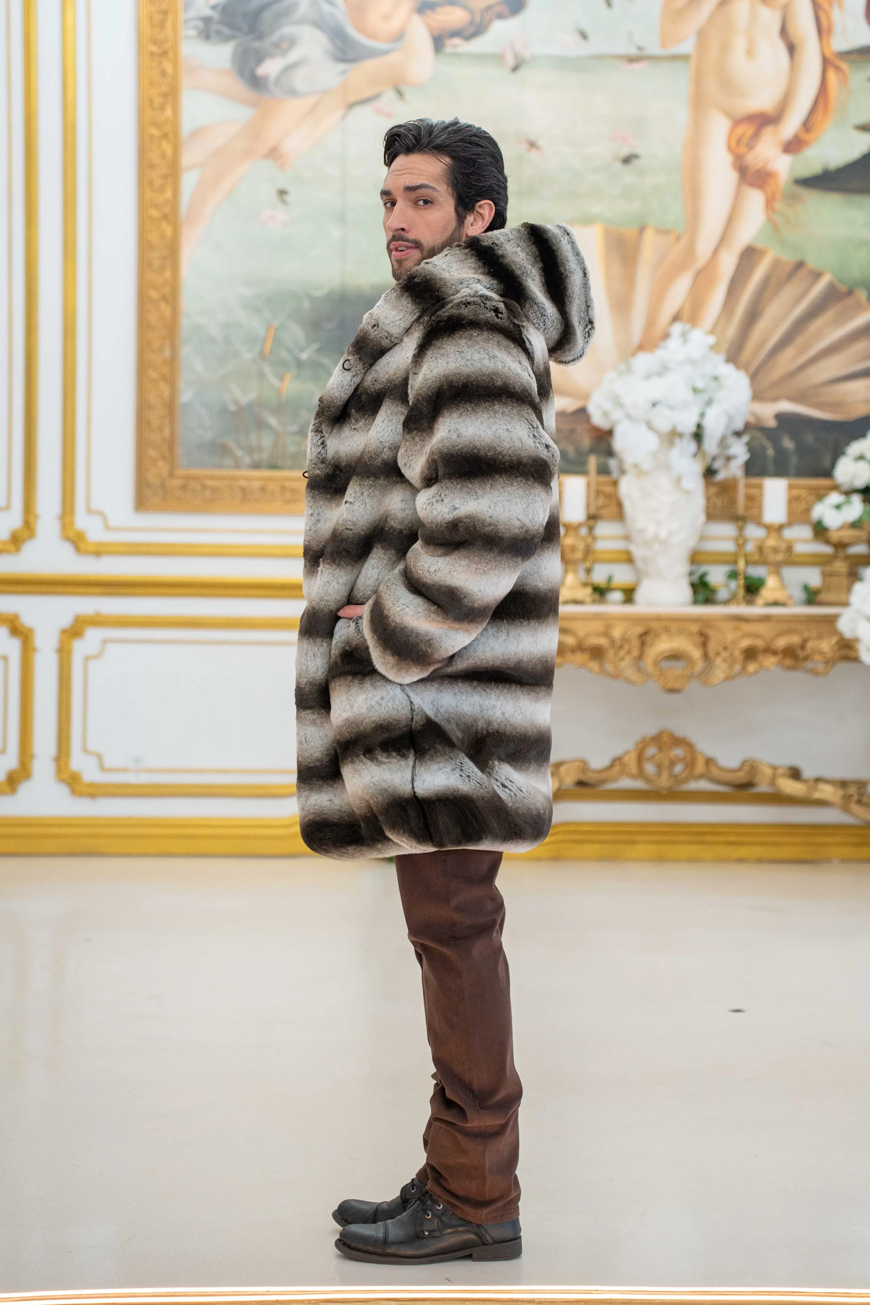 Men's Short Playa Coat in "Silver Brown Stripe Chinchilla" STOCK