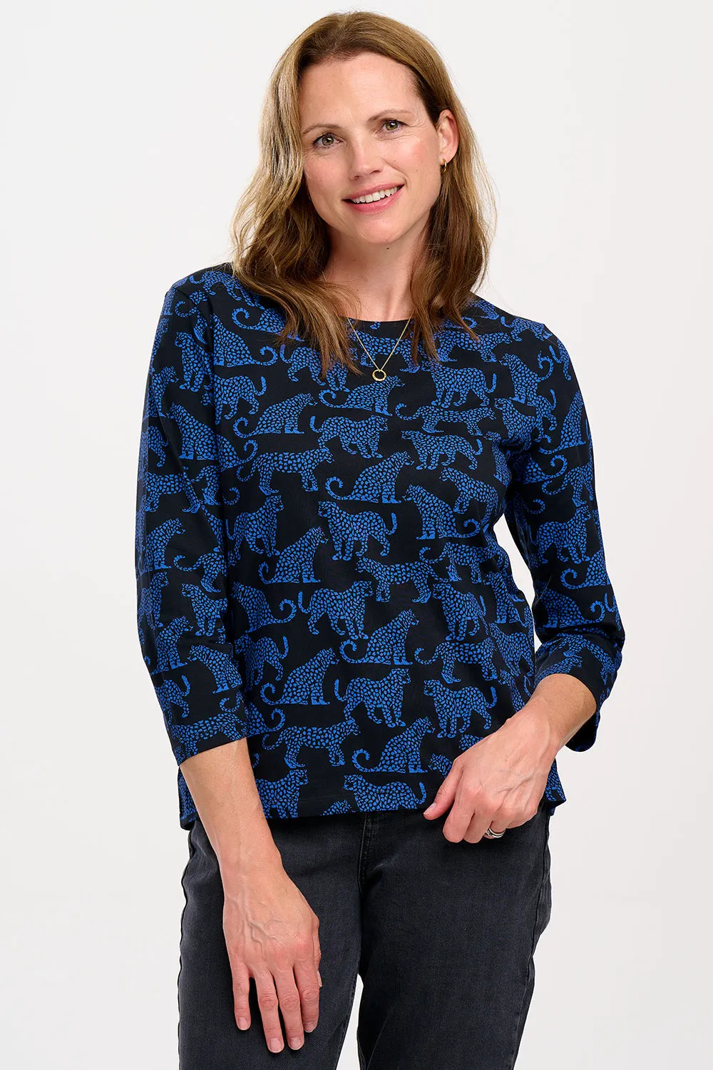 Noor Jersey Top - Black/Blue, Leopard Spots