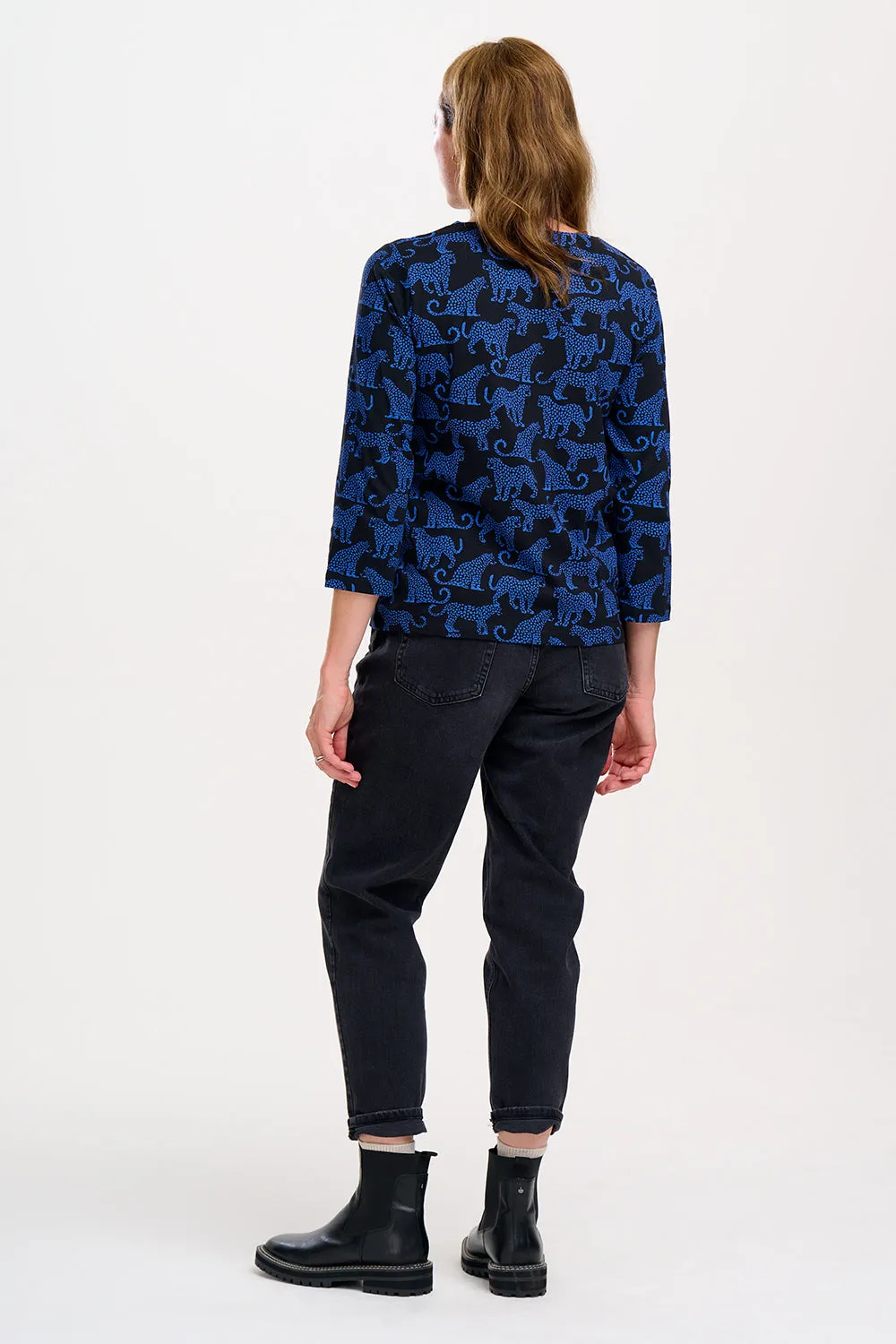 Noor Jersey Top - Black/Blue, Leopard Spots