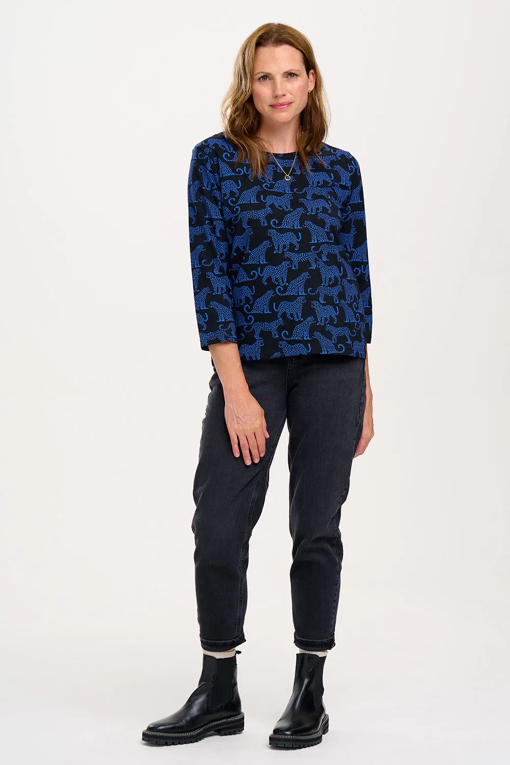 Noor Jersey Top - Black/Blue, Leopard Spots