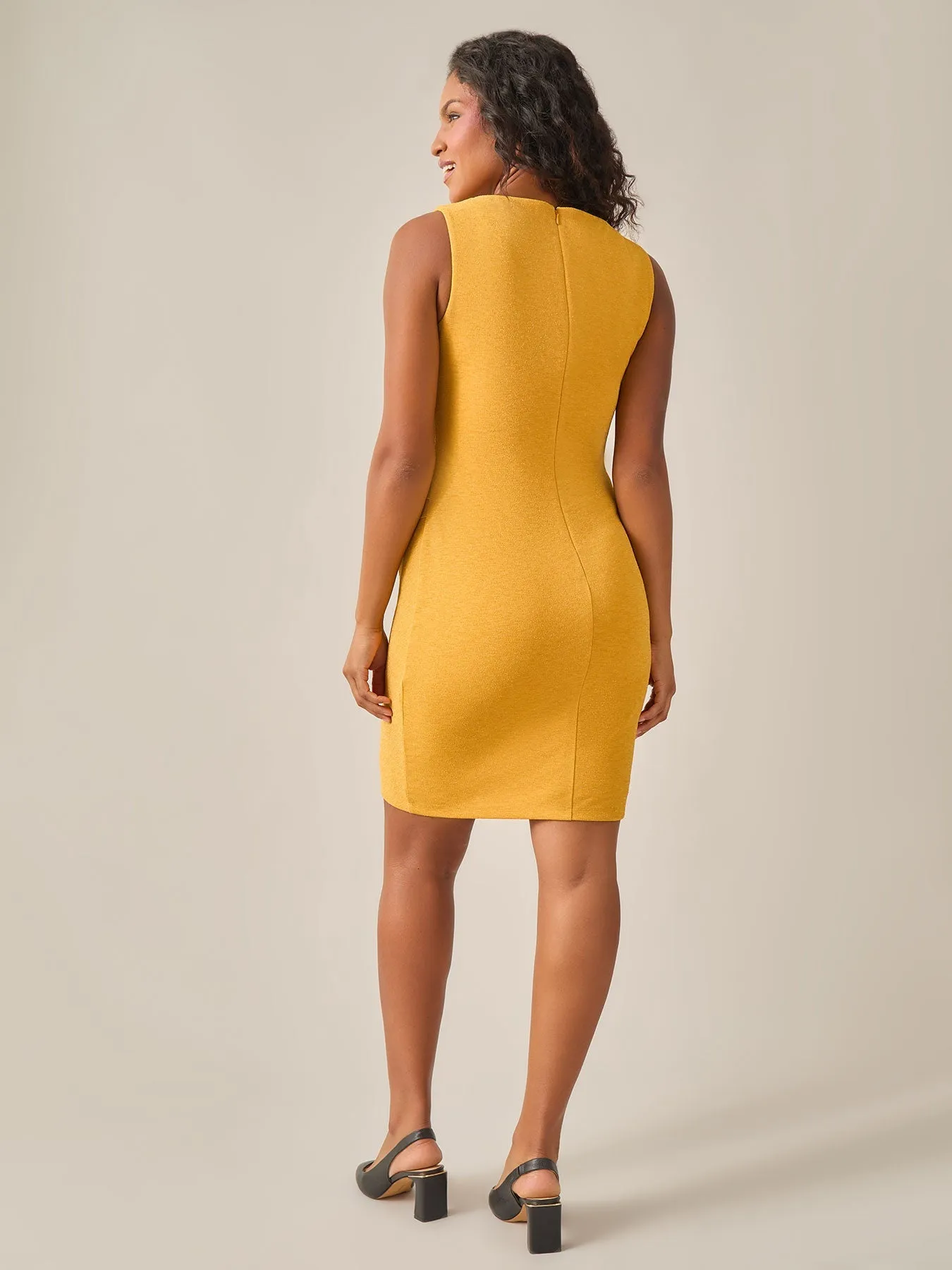Plus Size Lurex Knit Sleeveless Side Pleat Dress, Gold Signature