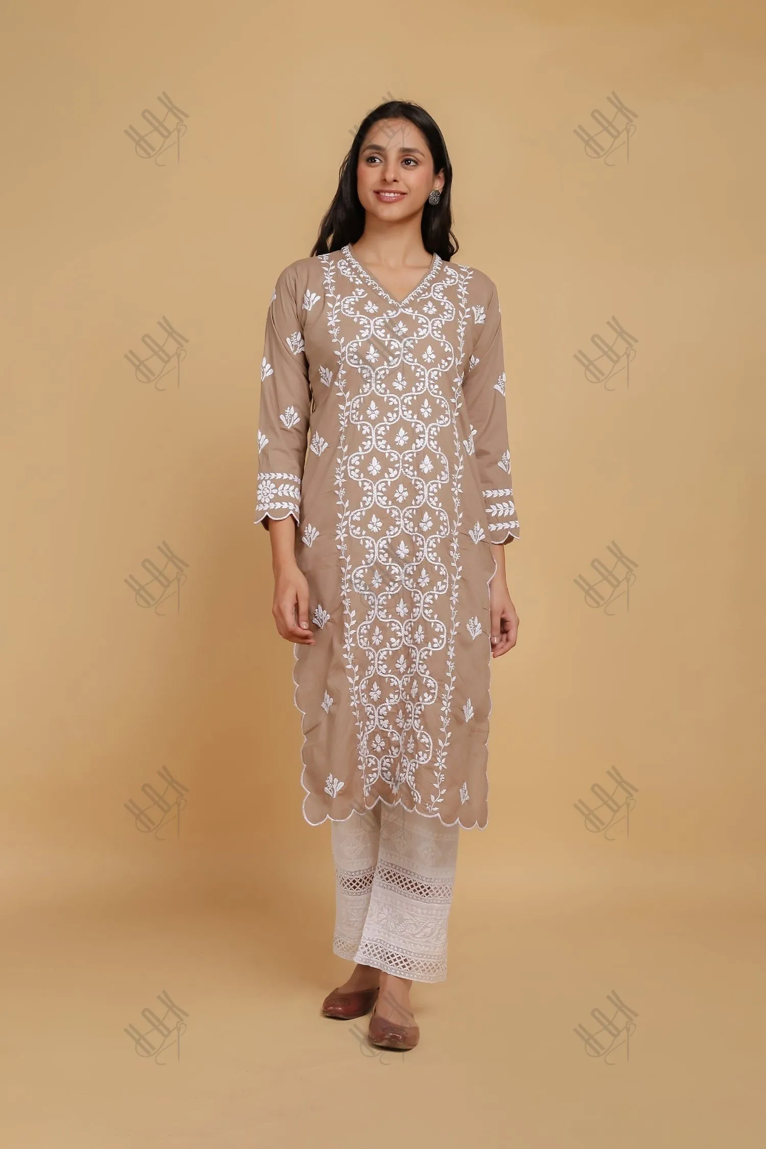 Saba Chikankari Long Kurta In Cotton - Brown
