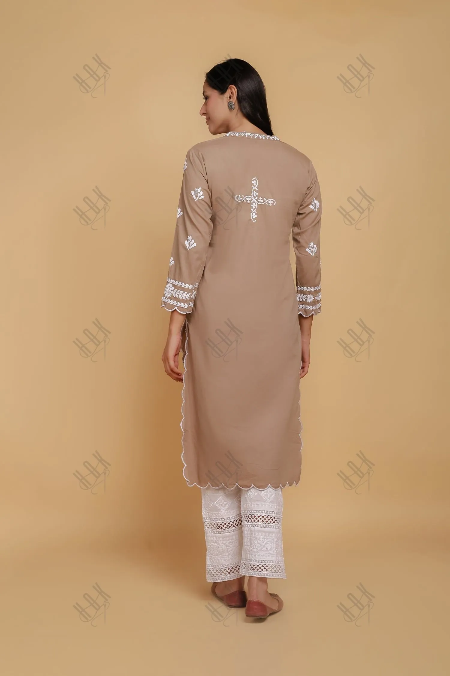 Saba Chikankari Long Kurta In Cotton - Brown