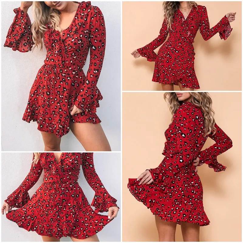Vintage Leopard Winter Ruffle Flare Sleeve Dress