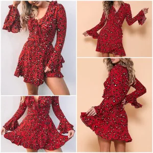 Vintage Leopard Winter Ruffle Flare Sleeve Dress